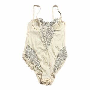 70s/80s European Vintage Silky Lace Panel Lingerie Bodysuit Ivory/Grey Size S/M